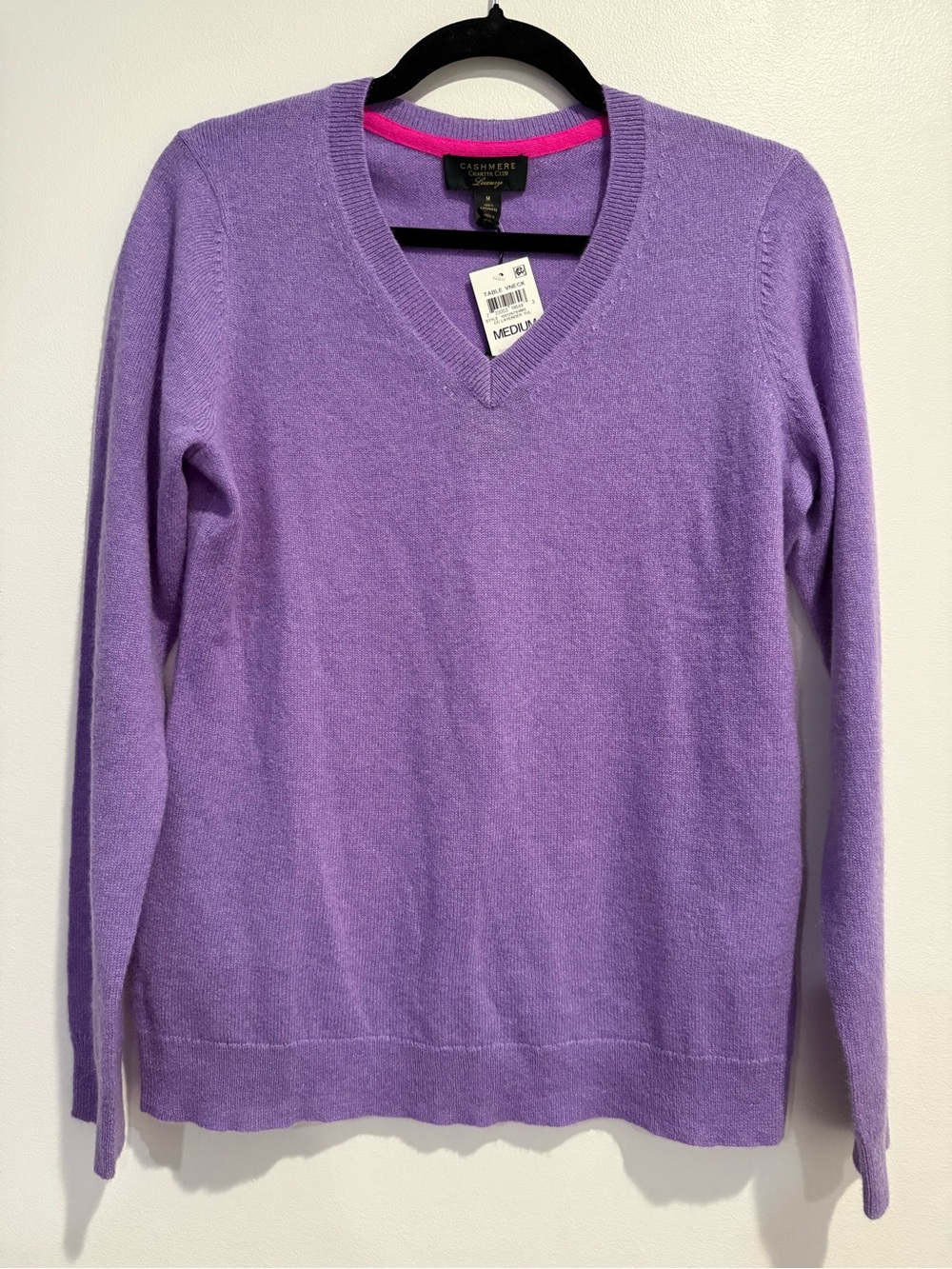 NWT Charter Club 100% Cashmere Lavender Purple V Neck Long Sleeve Sweater Sz M
